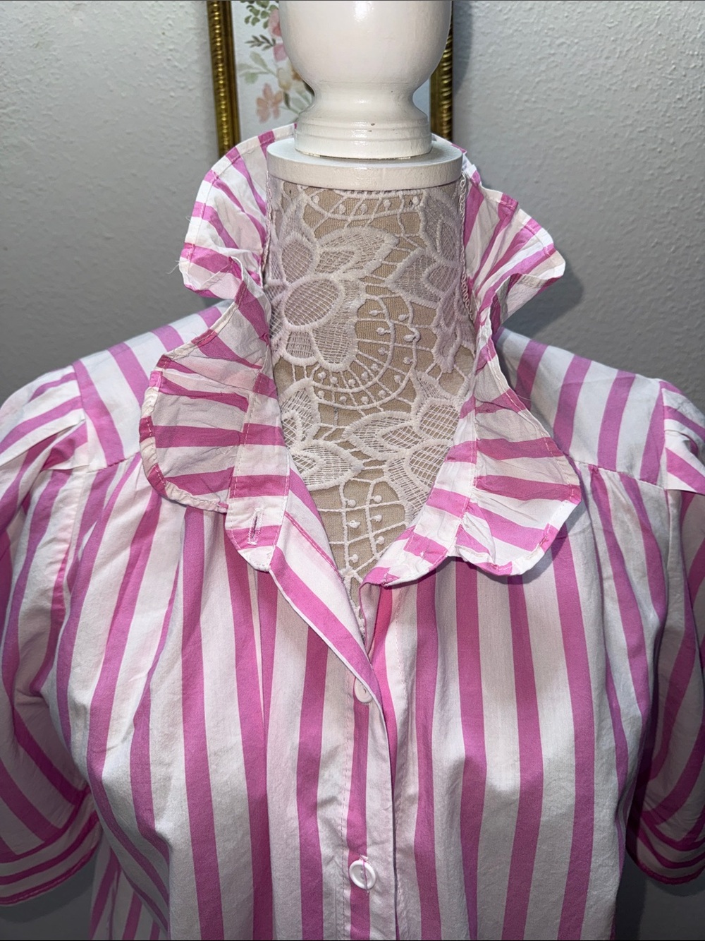 Adrienne Pink & White Striped Ruffle-Collar Midi Shirt Dress - Picture 2 of 7